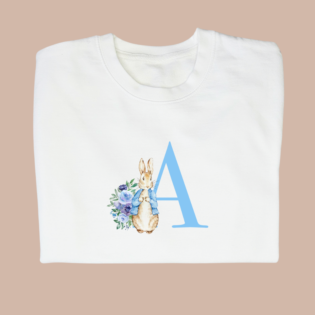 Rabbit Initial (Blue or Pink) - Child Printed Personalised Easter Sweater or Hoodie