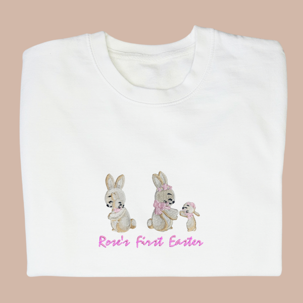 Rabbit Family & Text - Child Premium Personalised Embroidered Easter Sweater or Hoodie