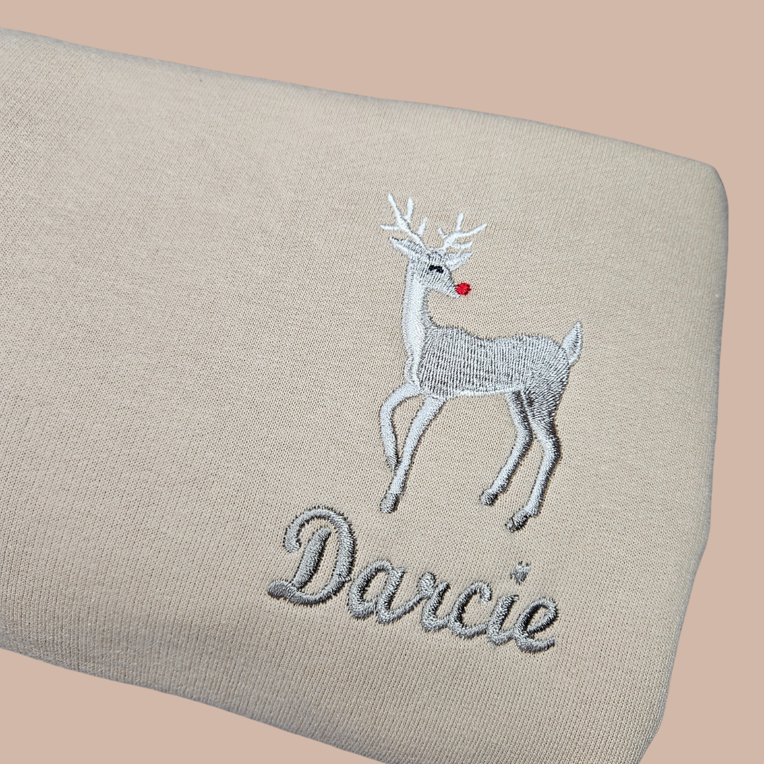 Christmas Classic Reindeer & Name - Child Personalised Embroidered Sweater or Hoodie
