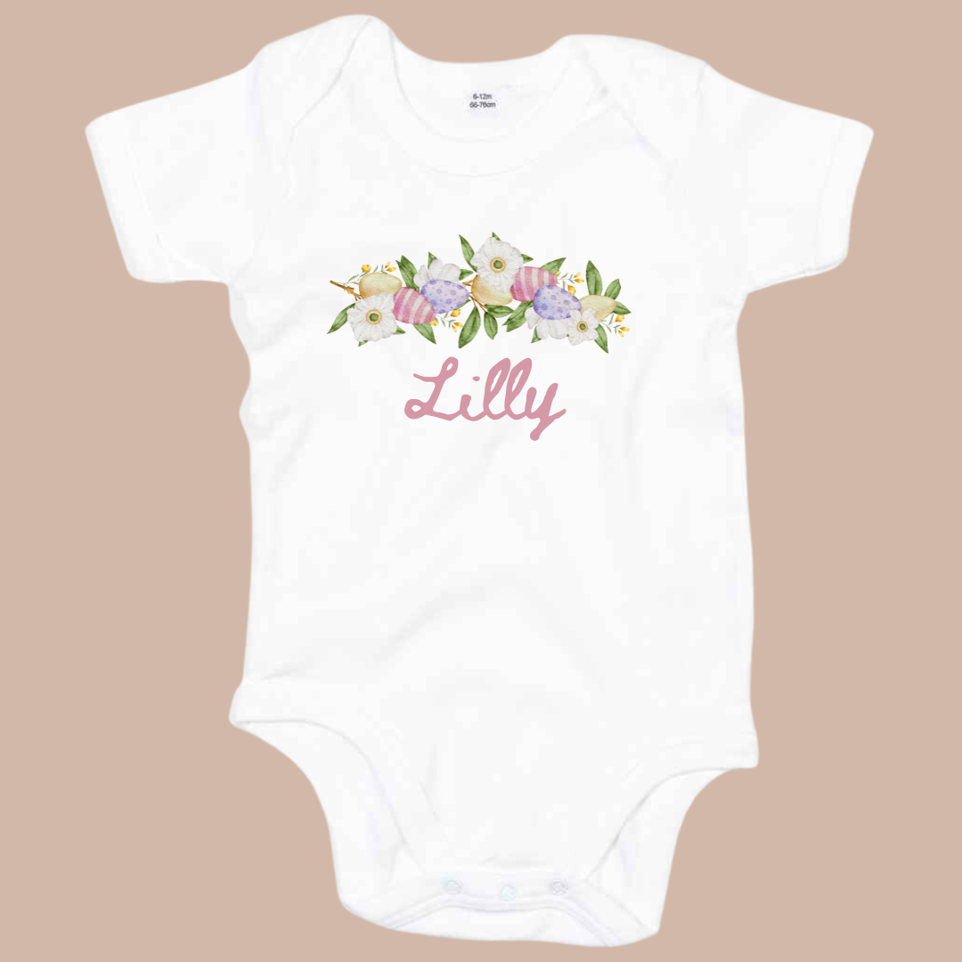 Eggs & Flowers - Infant Printed Personalised Easter Vest or Sleepsuit