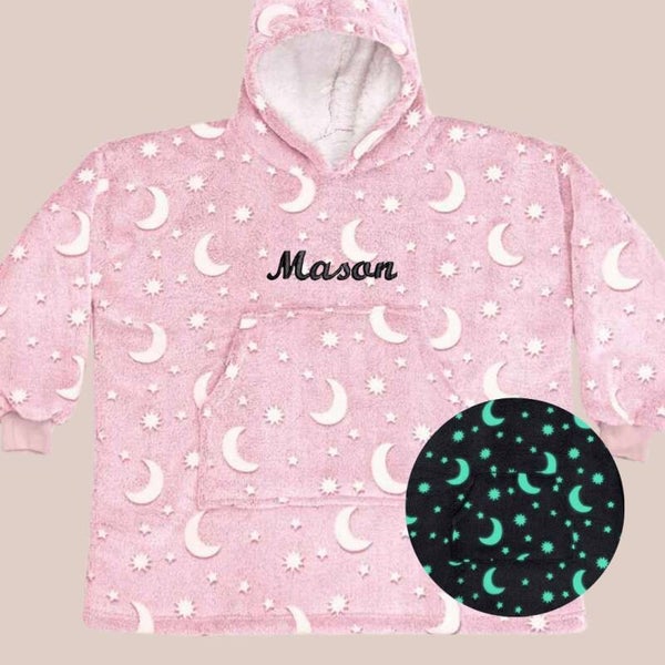 Child Personalised Embroidered GLOW Hooded Blanket - SM Script