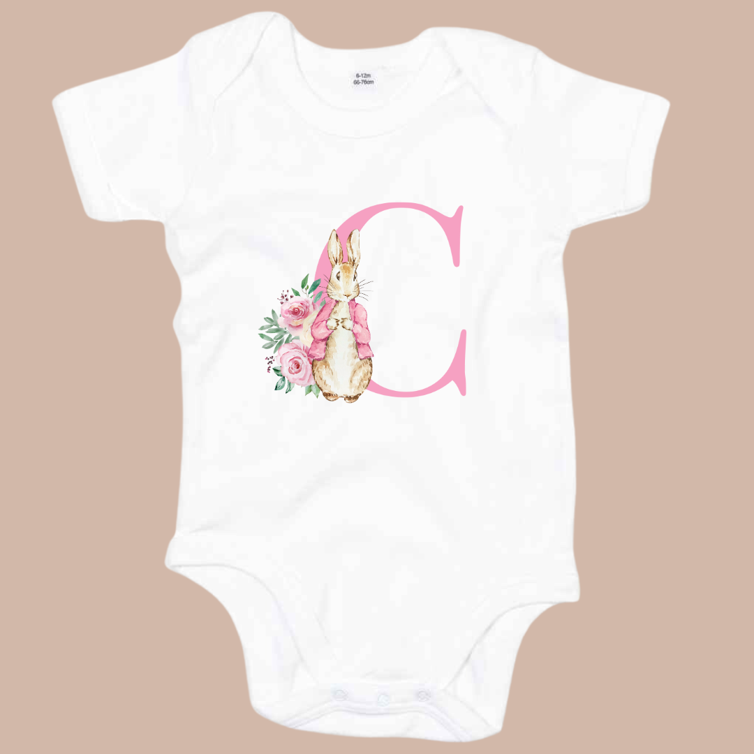 Rabbit Initial (Blue or Pink) - Infant Printed Personalised Easter Vest or Sleepsuit