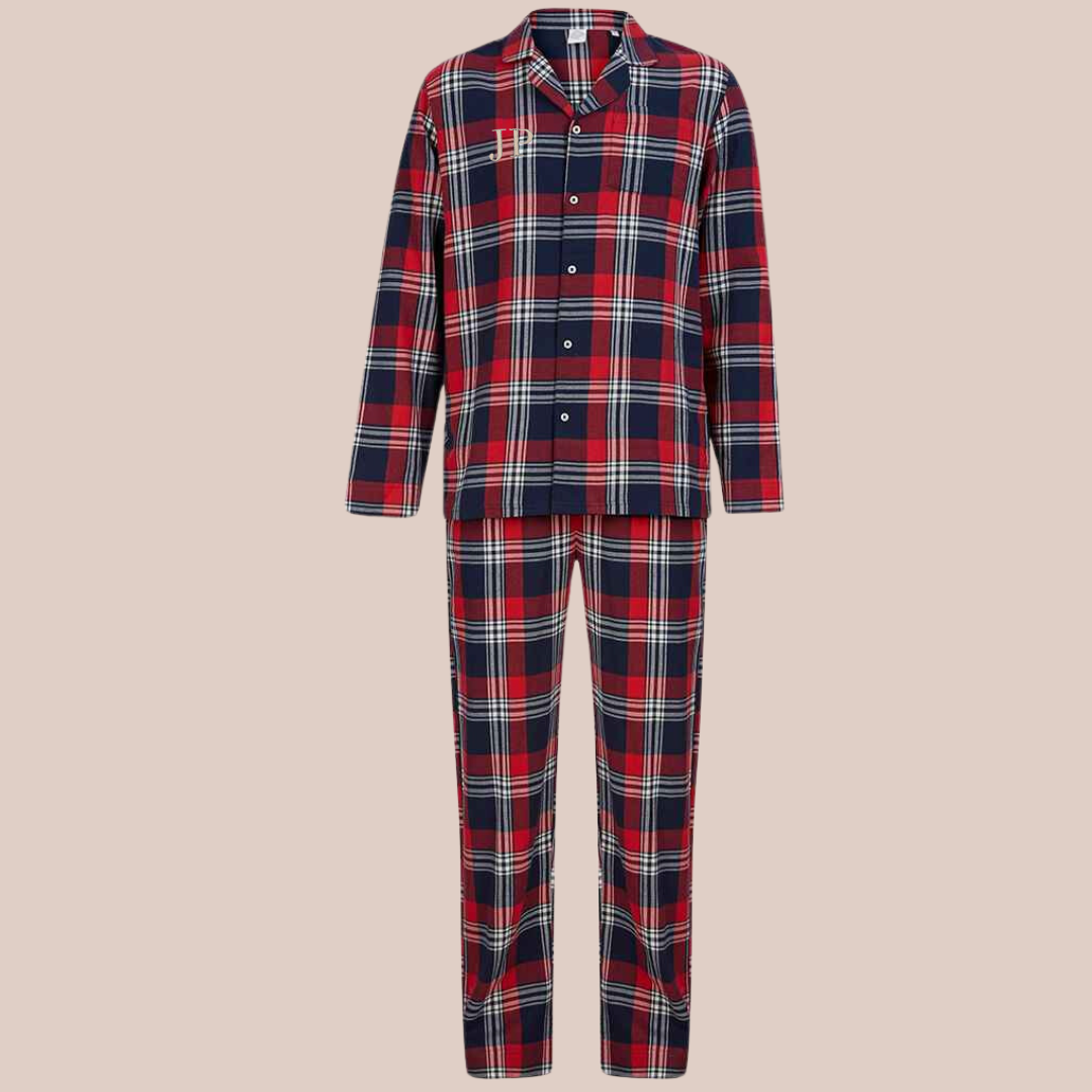 Christmas Embroidered Initials (Bodoni) - Adults Personalised Tartan Pyjamas