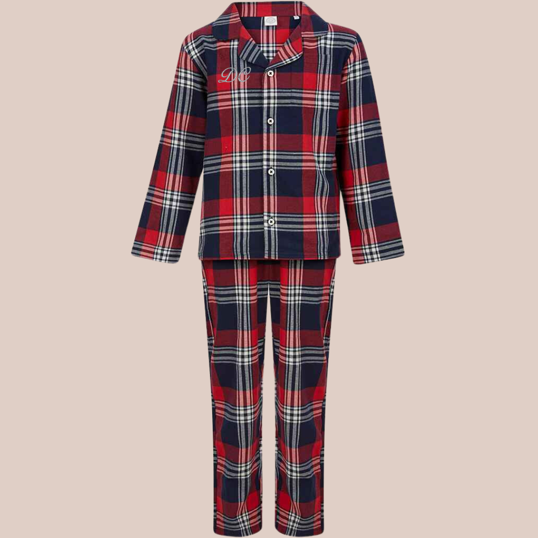 Christmas Embroidered Initials (Script) - Child Personalised Tartan Pyjamas