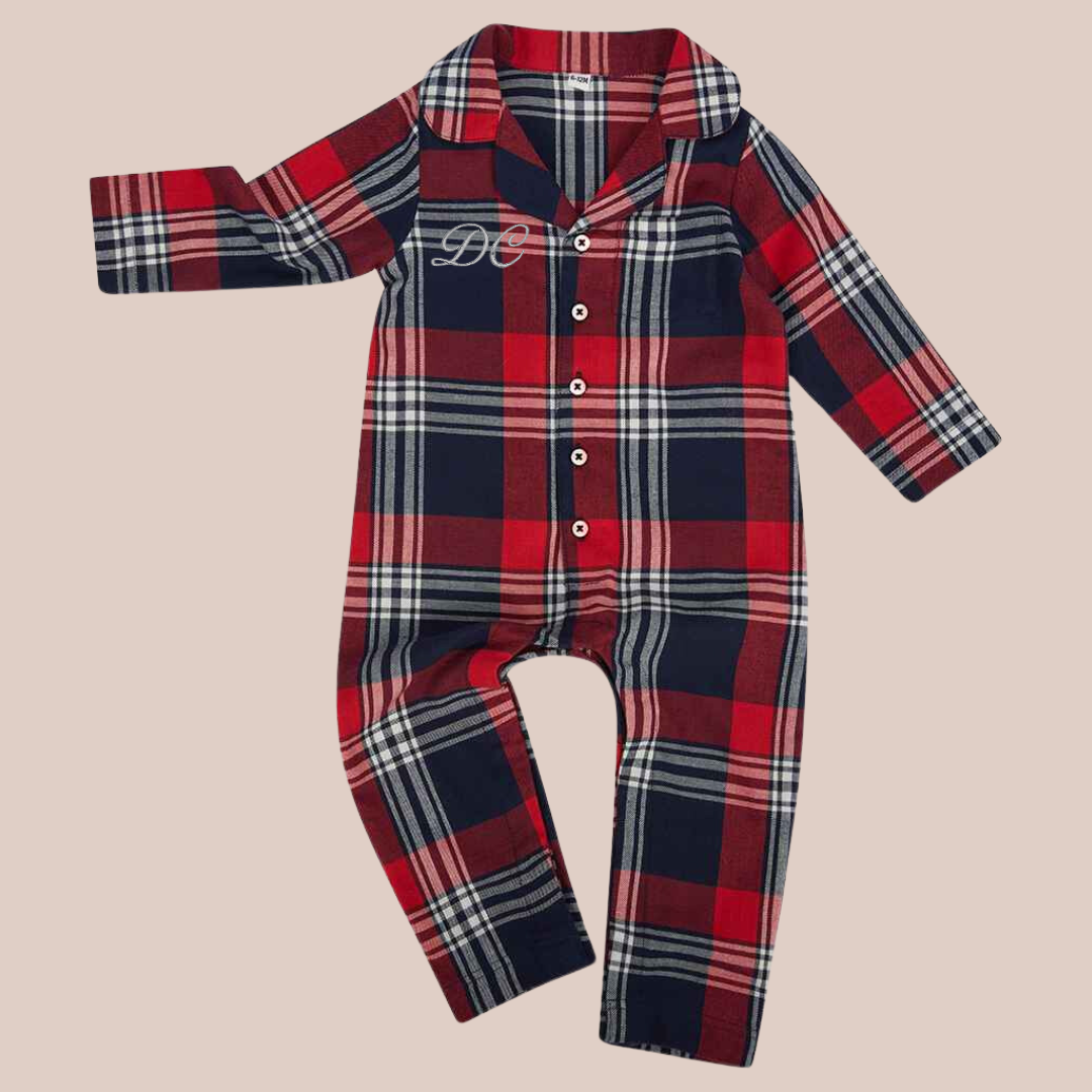 Christmas Embroidered Initials (Script) - Infant Personalised Tartan all in one pyjamas