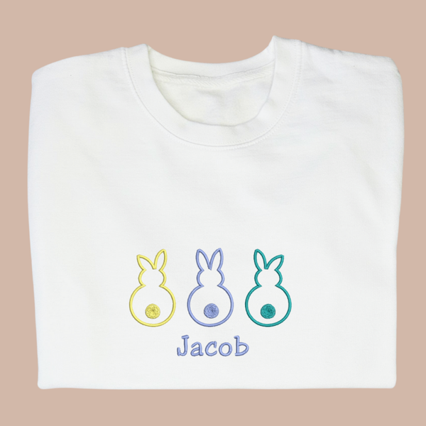 Three Bunnies Outline & Text - Child Personalised Embroidered Easter Sweater or Hoodie