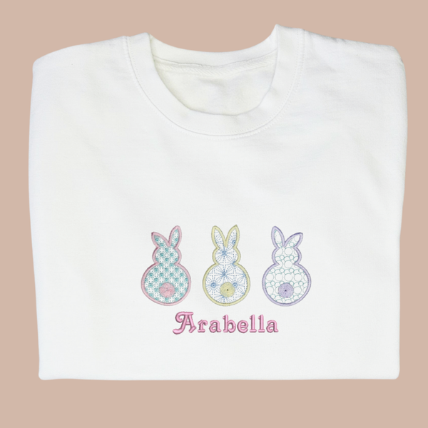 Lace Detail Bunny Trio & Name - Child Personalised Embroidered Easter Sweater or Hoodie