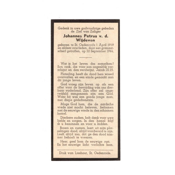WWII Dutch Civil Death Card St. Oedenrode