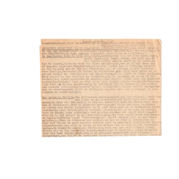 WWII Dutch Resistance Newspaper Roosevelt Overleden