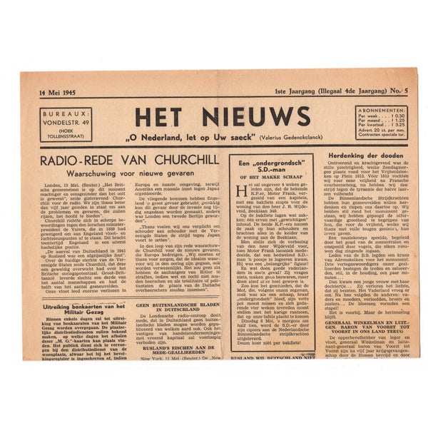 WWII Dutch Resistance Newspaper Rede Churchill