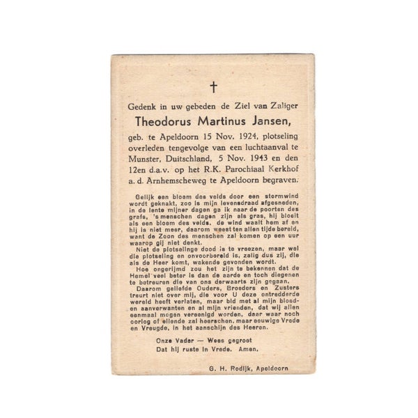 WWII Dutch Civil Death Card Apeldoorn