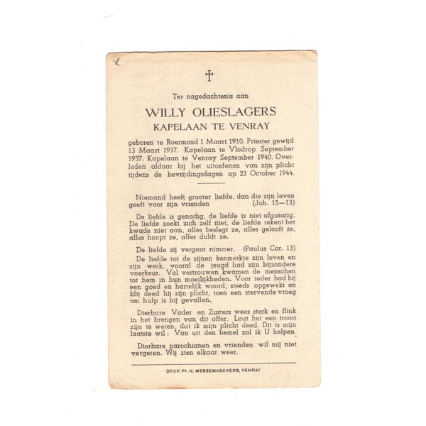 WWII Dutch Civil Death Card Venray