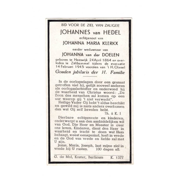 WWII Dutch Civil Death Card Zaltbommel