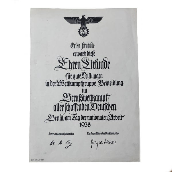 WWII German HJ Ehrenurkunde Erika Froböse