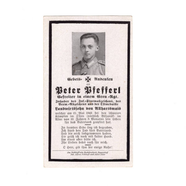 WWII German Death Card Grenadier