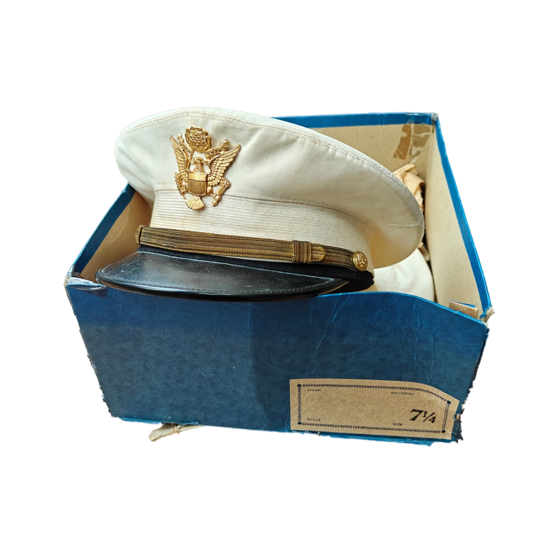 WWII US White Officers Visor Cap In Box Named