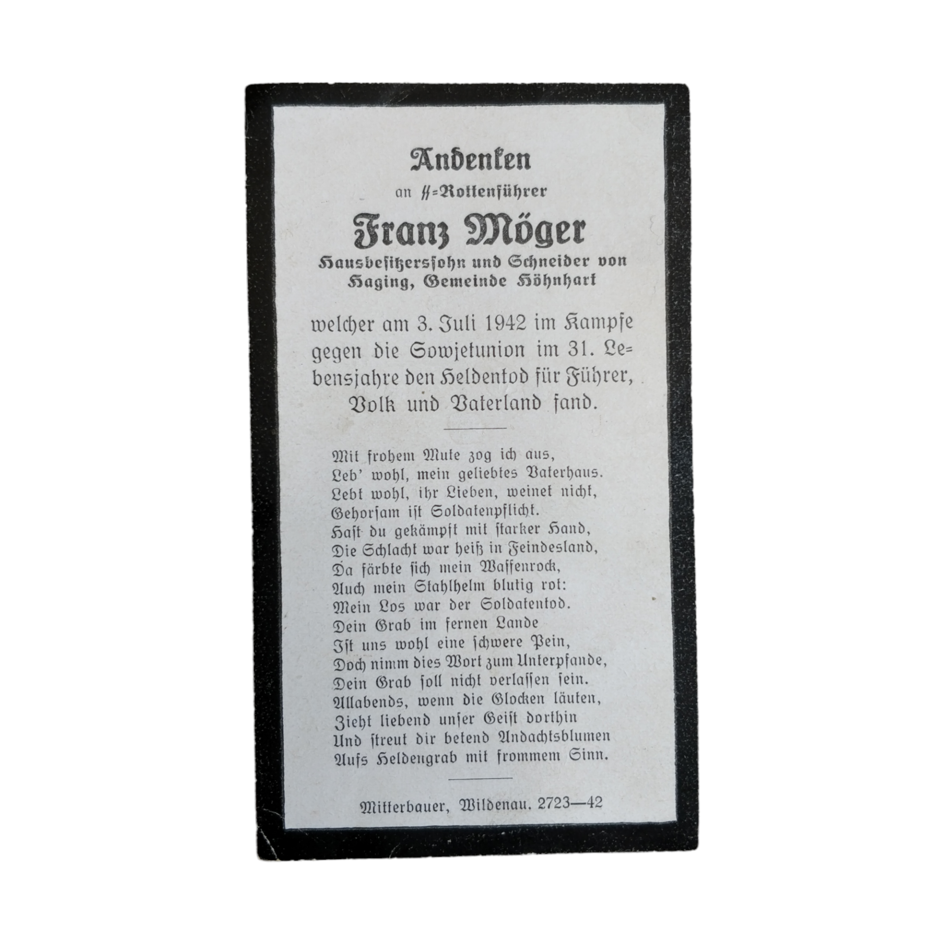 WWII German Death Card SS