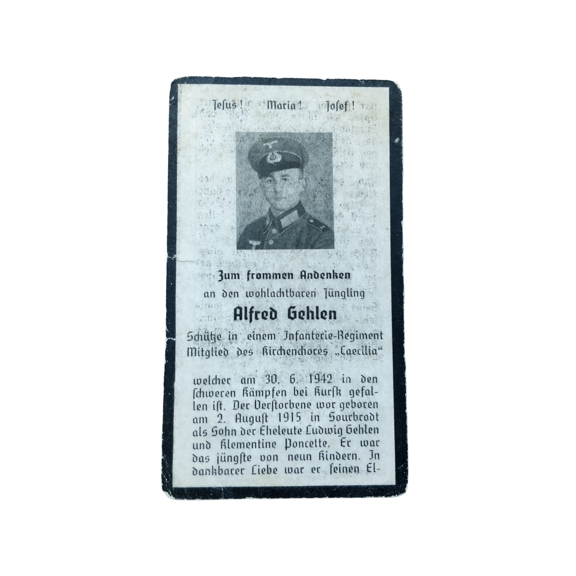WWII German Death Card Infantry Kursk