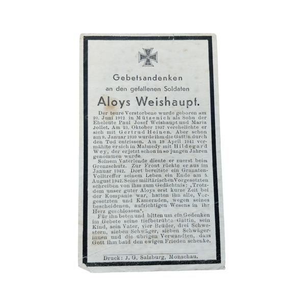 WWII German Death Card Infantry