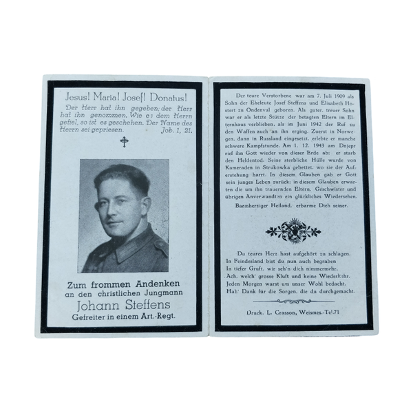 WWII German Death Card Artillery