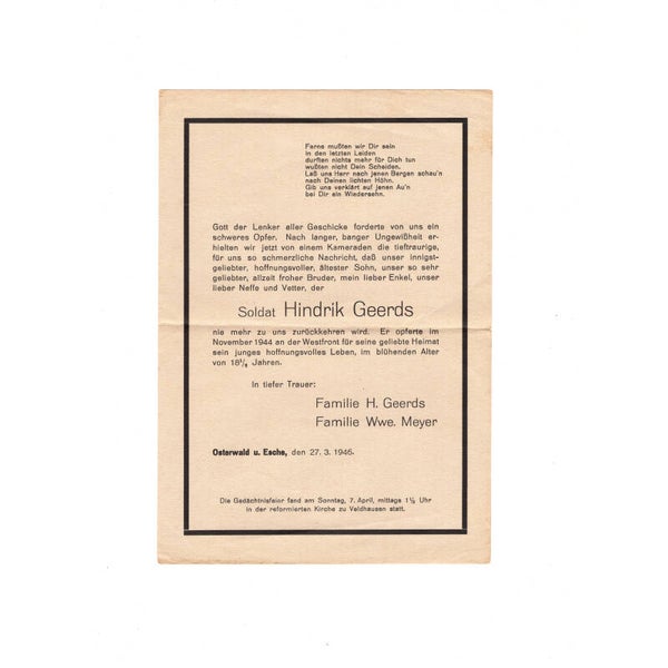 WWII German Death Card Larger Size