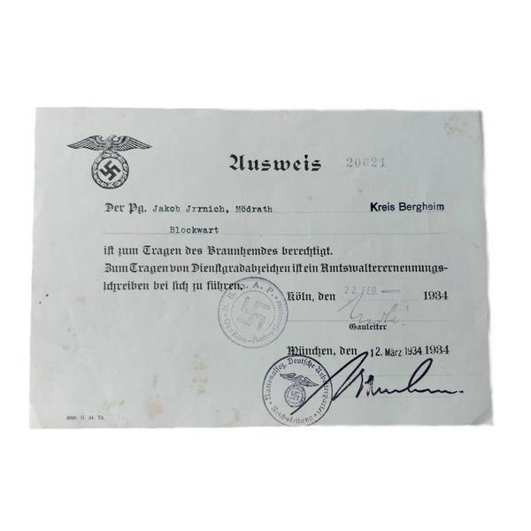 WWII German SA Ausweis Braunhemd