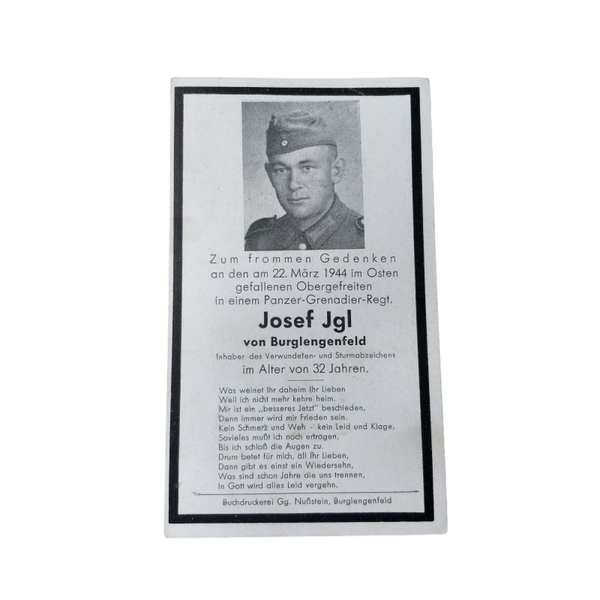 WWII German Death Card Panzergrenadier