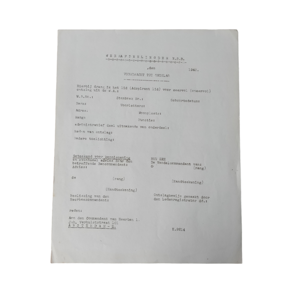 WWII Dutch NSB Document Ontslag WA