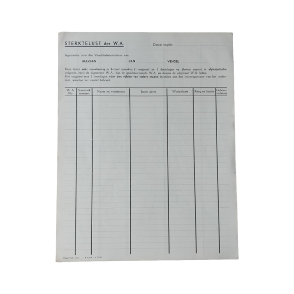 WWII Dutch NSB Document Sterktelijst WA