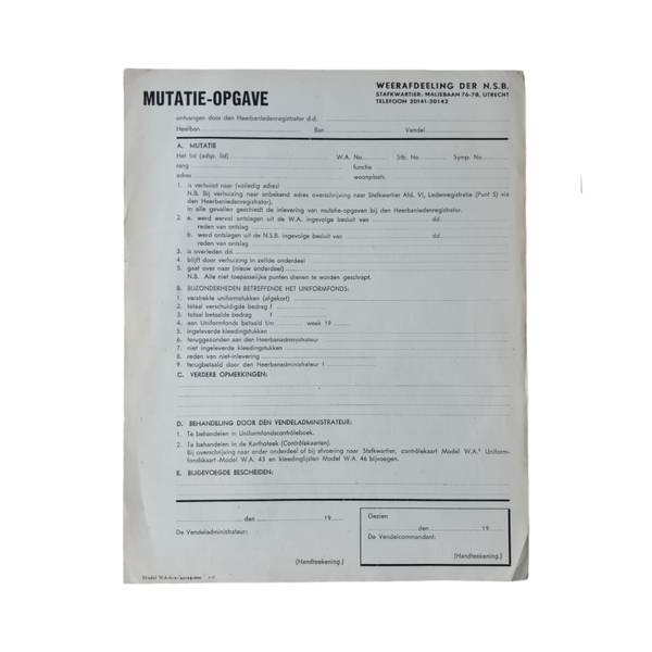 WWII Dutch NSB Document Mutatie WA