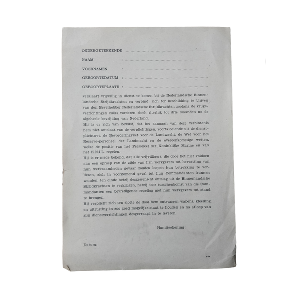 WWII Dutch Binnenlandsche Strijdkrachten Application Form