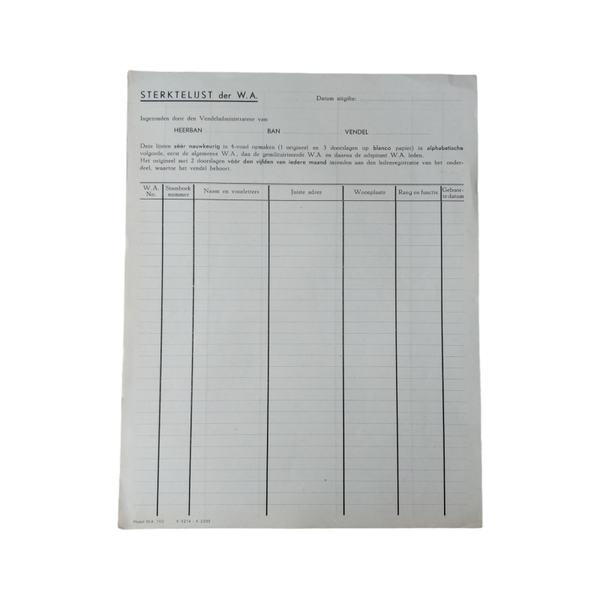 WWII Dutch NSB Document Sterktelijst WA