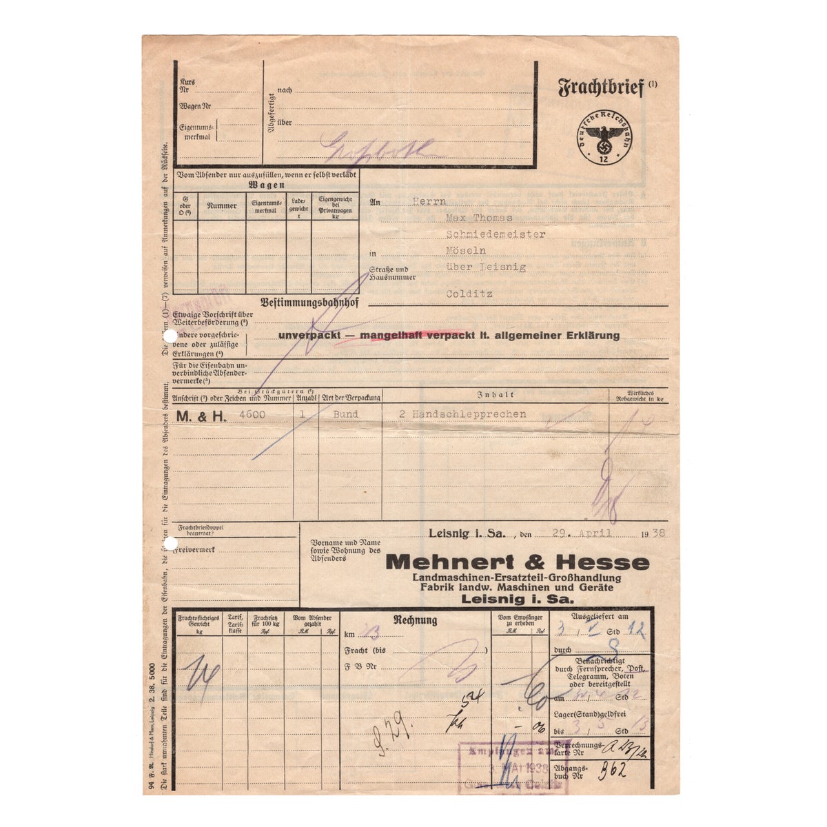 German Consignment Note WWII German Consigment Document | Clercq Militaria