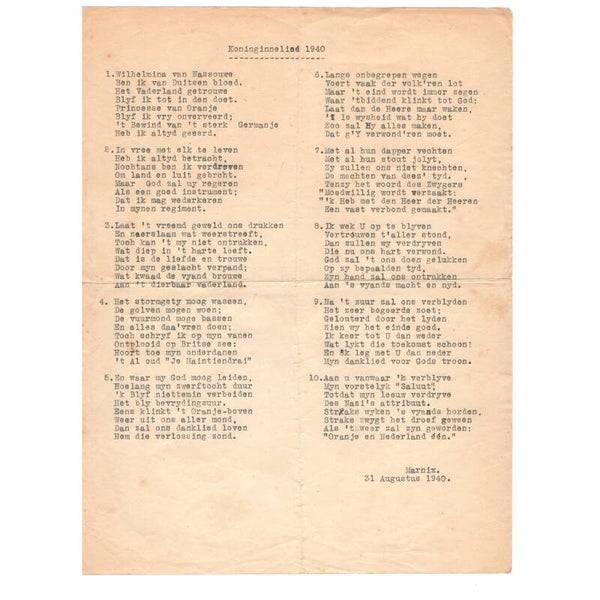 WWII Dutch Document Koninginnelied