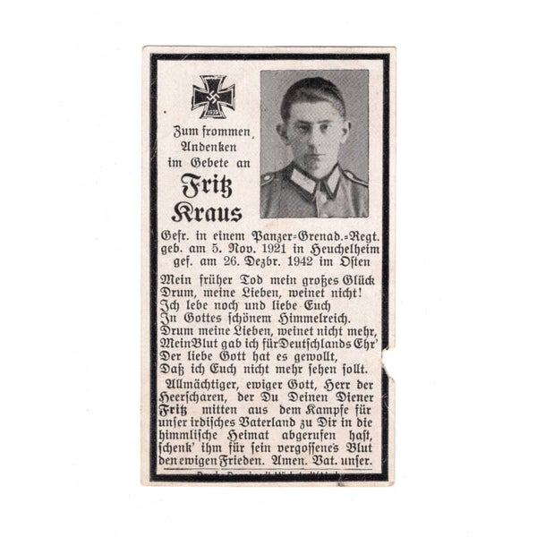 WWII German Death Card Panzergrenadier