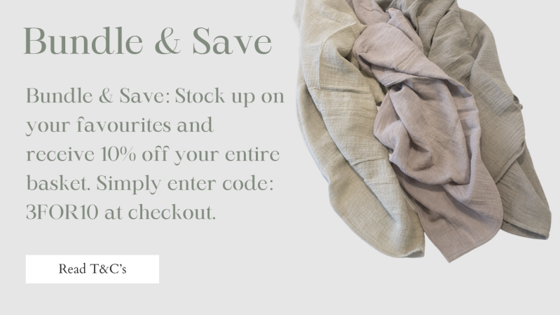 A promotional banner titled 'Bundle & Save' featuring folded organic cotton cloths and text offering 10% off your entire basket with code 3FOR10.