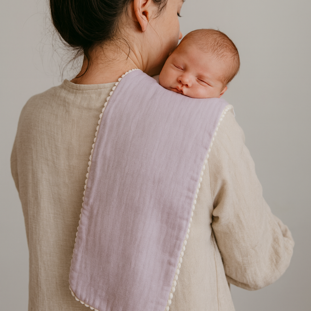 A lady holding a newborn baby ready to burp it. She has a luxury shoulder burp cloth with pom pom edging draped over her shoulder and down her back. The shoulder burp cloth is violet and thick organic cotton