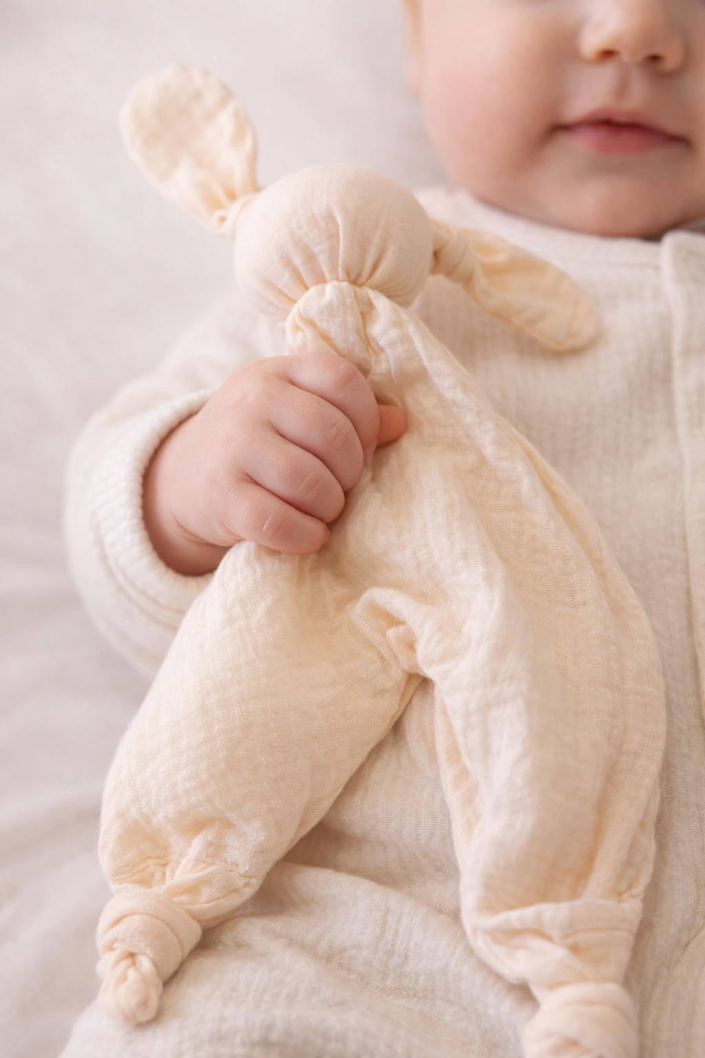 Premium organic cotton baby security blanket in soft pink with a bunny head, held by a newborn baby hand, showcasing luxury baby gifts and matching bundle sets by The Little Soft Cloth.