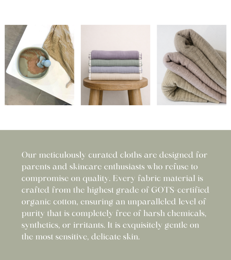 A gallery display of curated organic cotton face and baby cloths in various natural colours alongside text detailing GOTS-certified organic cotton and gentle care for sensitive skin.