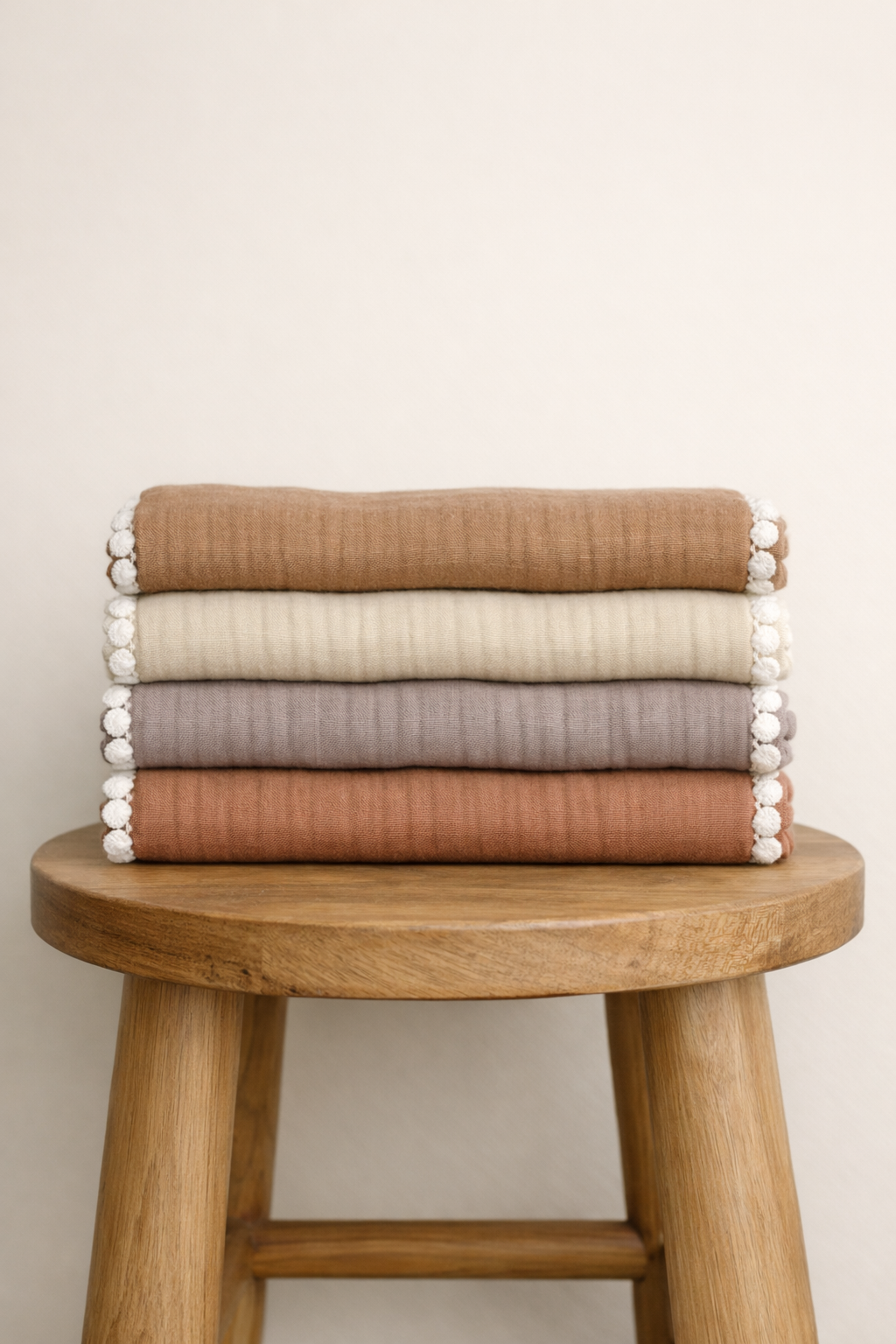 A stack of four luxury shoulder burp cloths by The Little Soft Cloth, crafted from thick organic cotton in neutral earth tones, neatly folded and displayed on a rustic wooden stool.