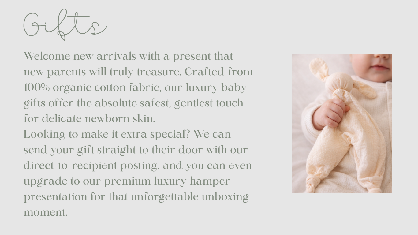 A section titled 'Gifts' featuring text about luxury baby gifts crafted from 100% organic cotton with direct-to-recipient posting, alongside a photo of a baby holding a soft organic cotton comforter bunny oy.