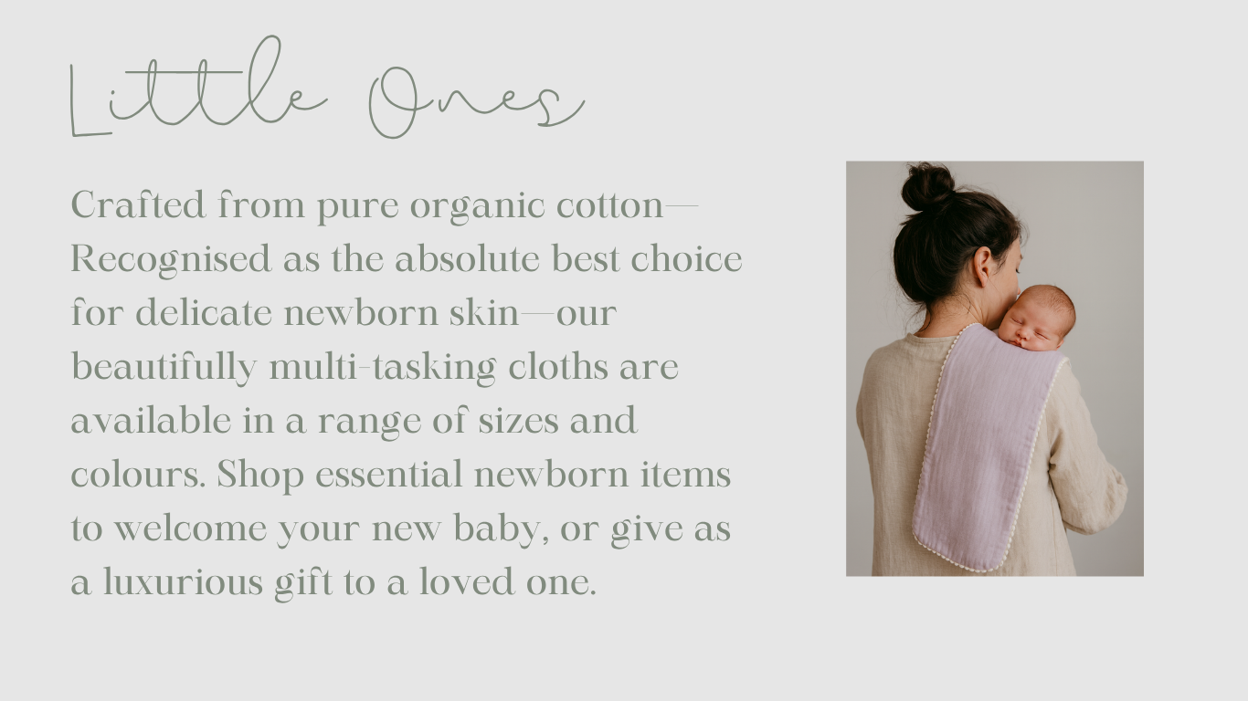 A section titled 'Little Ones' featuring text about pure organic cotton as the best choice for newborn skin, alongside a photo of a woman holding a sleeping baby with a soft purple organic cotton cloth over her shoulder.
