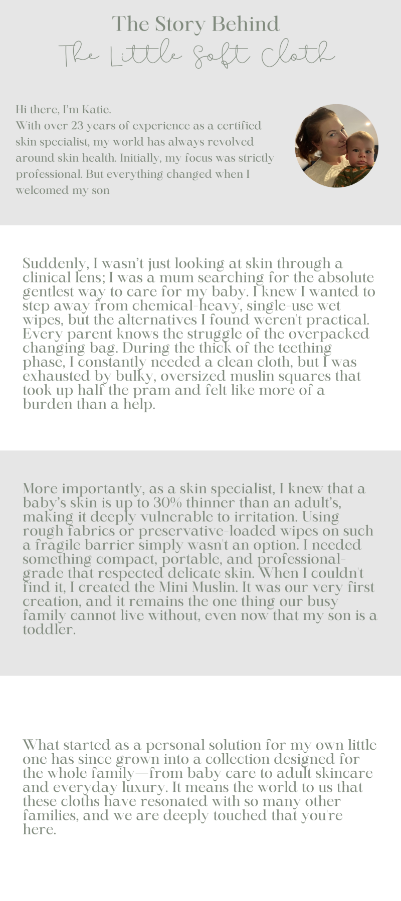 The Story Behind The Little Soft Cloth brand page featuring an introduction from founder and skin specialist Katie, explaining her journey from clinical skincare to creating organic cotton essentials for babies and families.