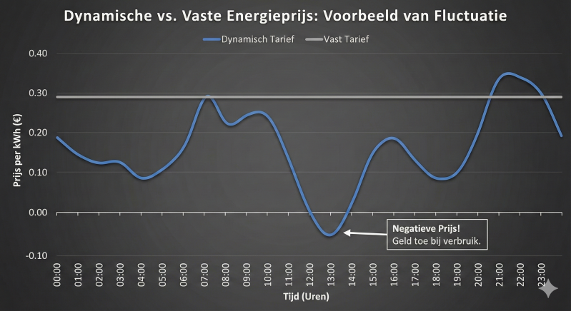 Grafiek dynamische energieprijzen vs vast contract en negatieve stroomprijs