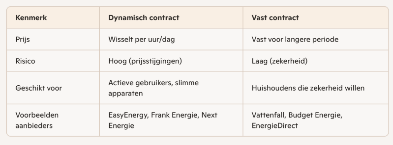 Vergelijking dynamisch energiecontract vs. vast contract, prijs, risico, type huishouden en aanbieders