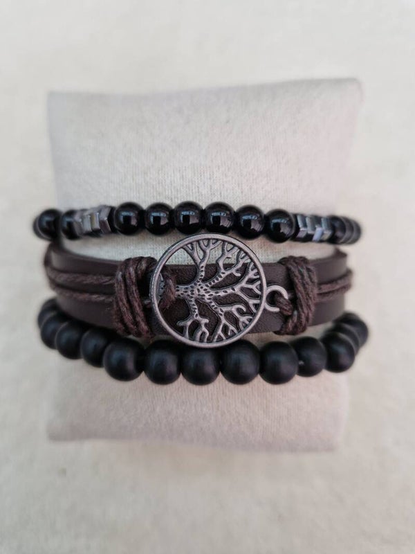 BRACELET CUIR ARBRE DE VIE MARRON PERLE
