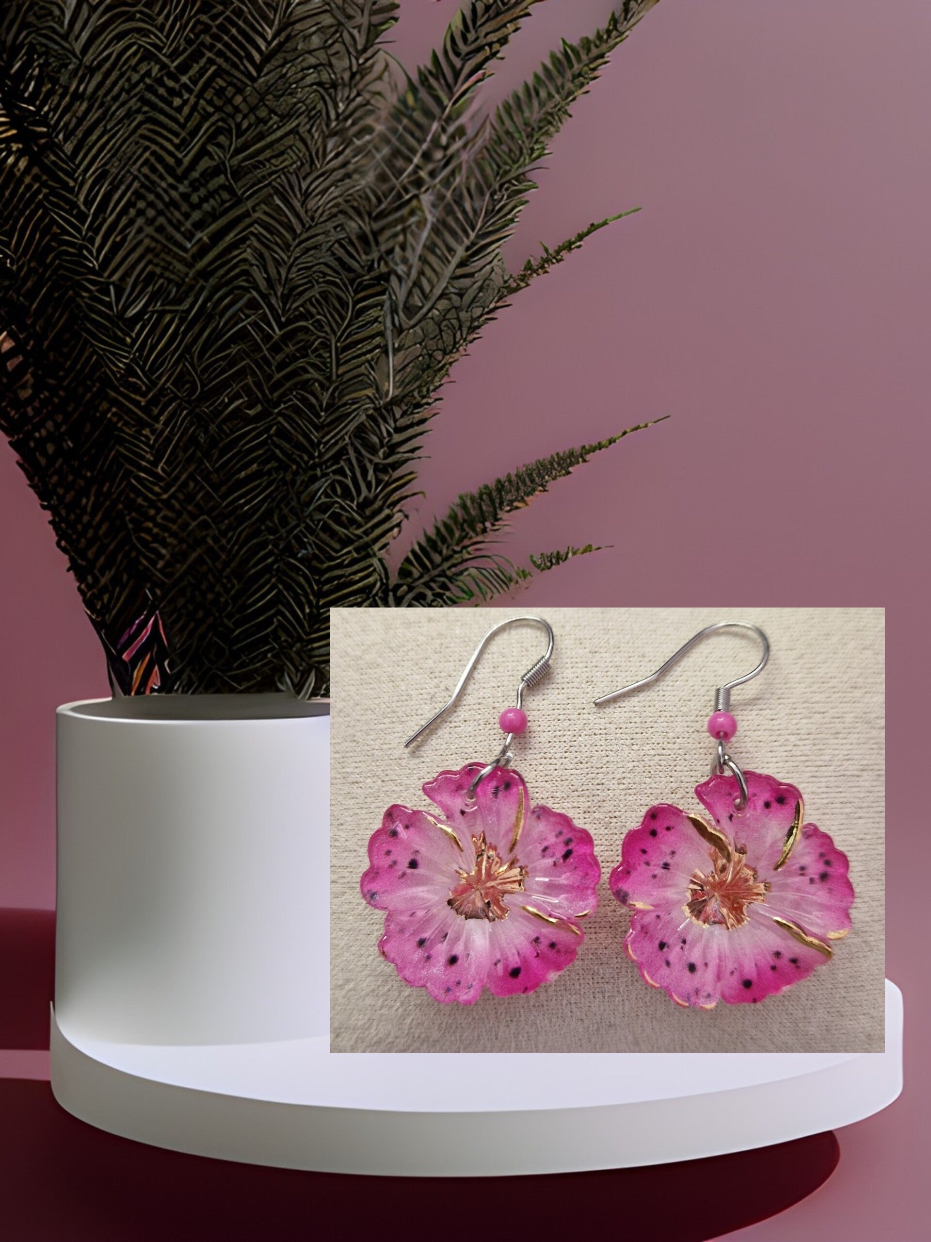 B.OREILLE FLEUR RESINE ROSE ARGENT
