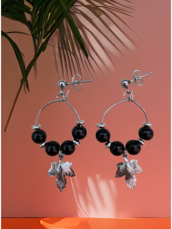 B.OREILLE PERLE DE VERRE FEUILLE ARGENT
