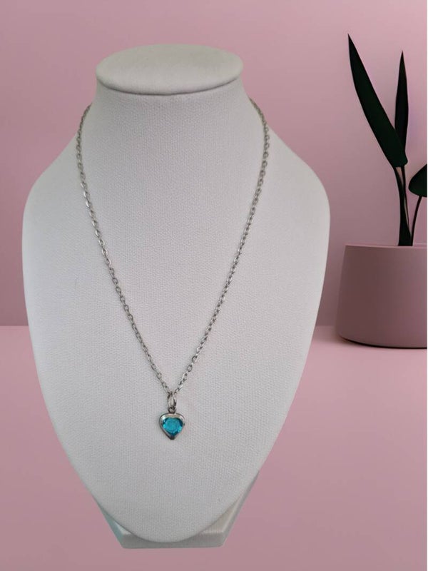 COLLIER COEUR EN VERRE BLEU ARGENT