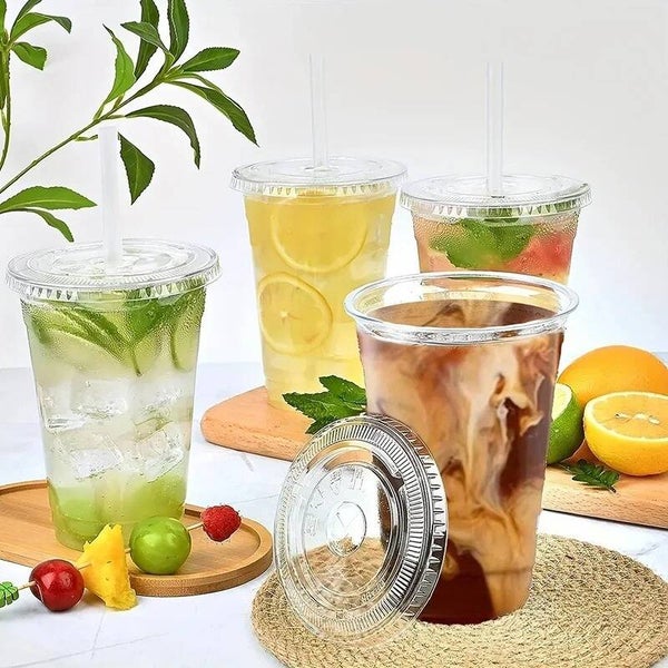 smoothie bekers Transparante Matcha To-Go 100 stuks met Plate Deksels – 500 ml